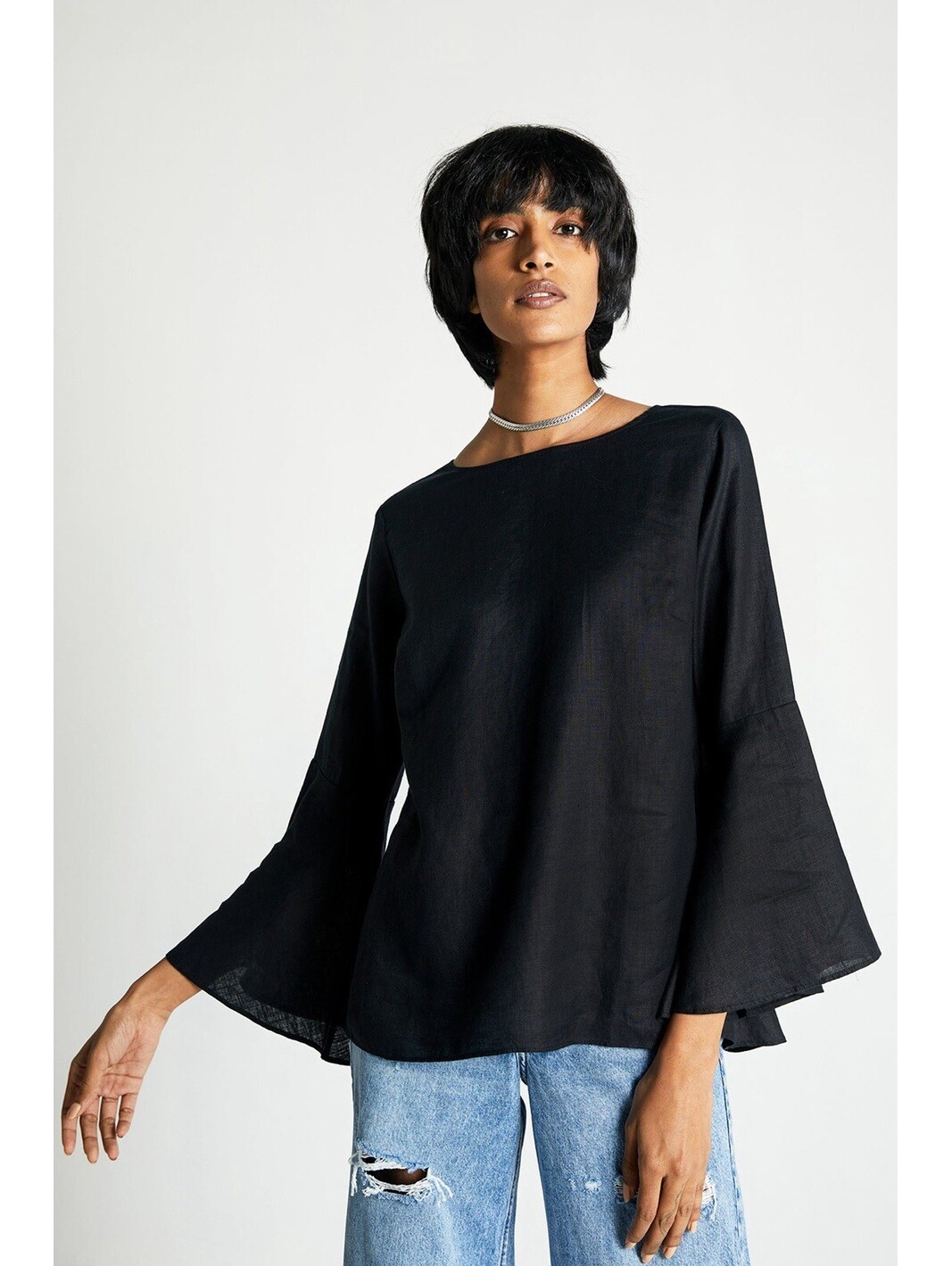 Reistor Black 100% Hemp Button Back Bell Sleeve Shirt Top Size Medium